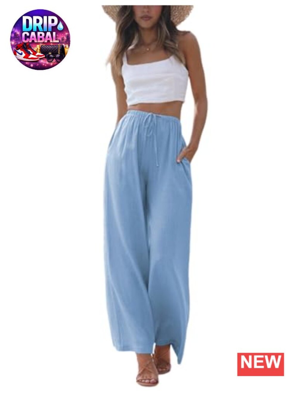 Womens Cotton Linen Wide Leg Palazzo Pants Flowy Beach Trousers with Pockets